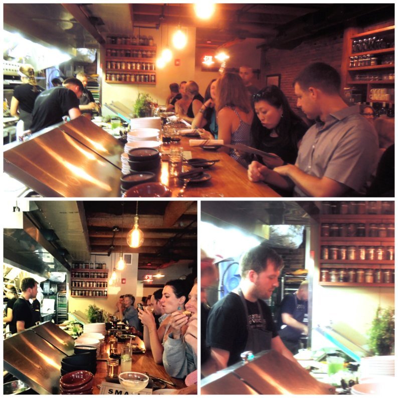 The serious look of diners at Central Provisions seated at the dining bar facing the open kitchen; lower right, chef Chris Gould