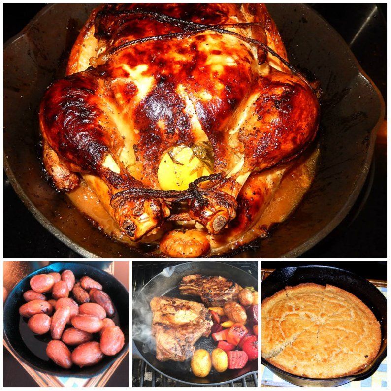 Classics in cast-iron cookery: roast chicken, cornbread, chops and potatoes