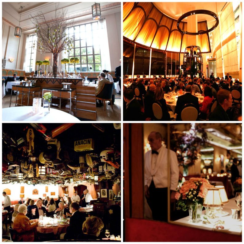 New York's fabled dining rooms: clockwise: 11 Madison Park; Le Cirque; 21 Club and La Grenouille