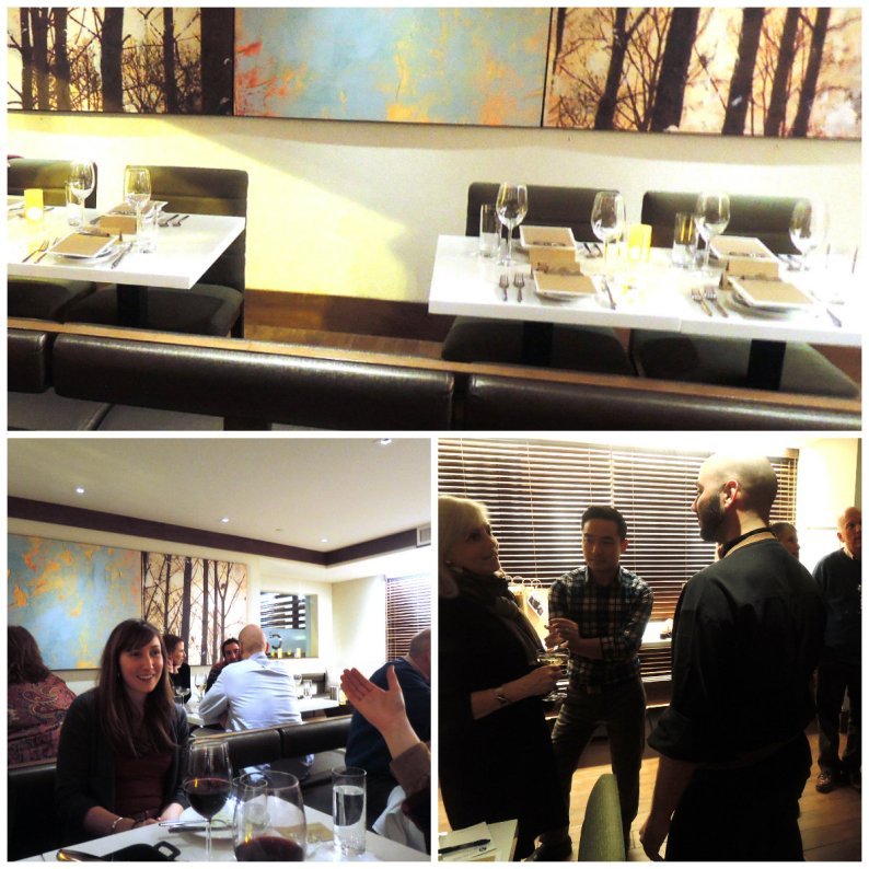 Clockwise: C2"s banquettes; chef Brian Anderson (right) and attendees at the press and industry dinner