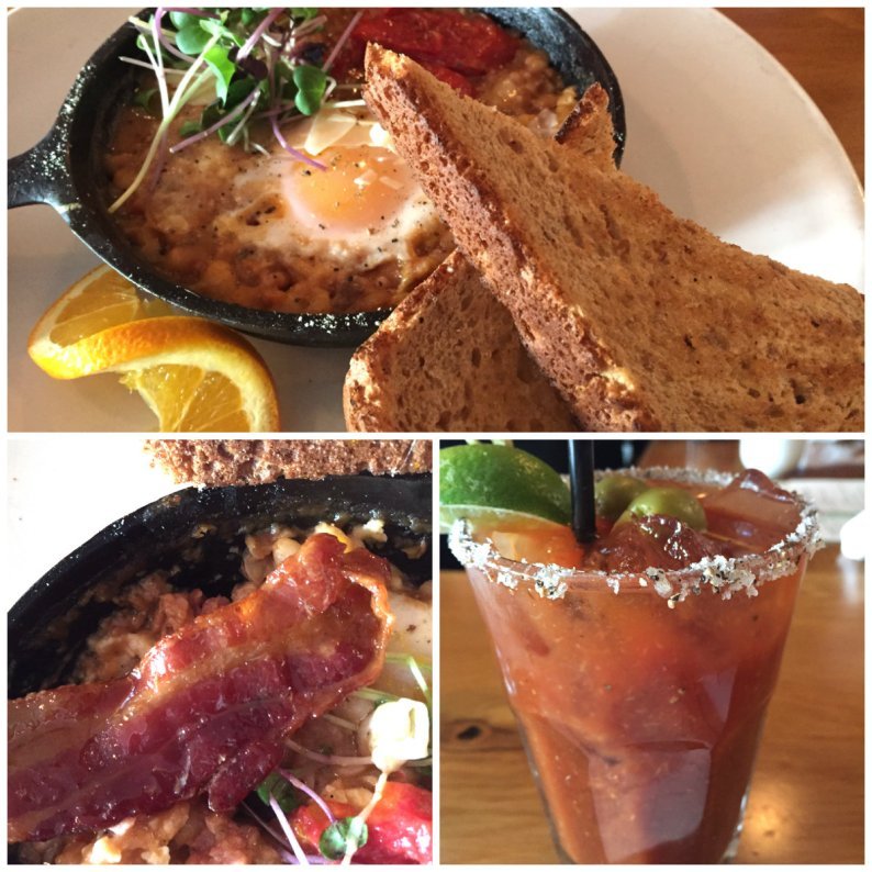 Brunch lineup: baked eggs with roasted tomatoes, ham and white bean stew' perfect bloody Mary and maple bacon added to the dish