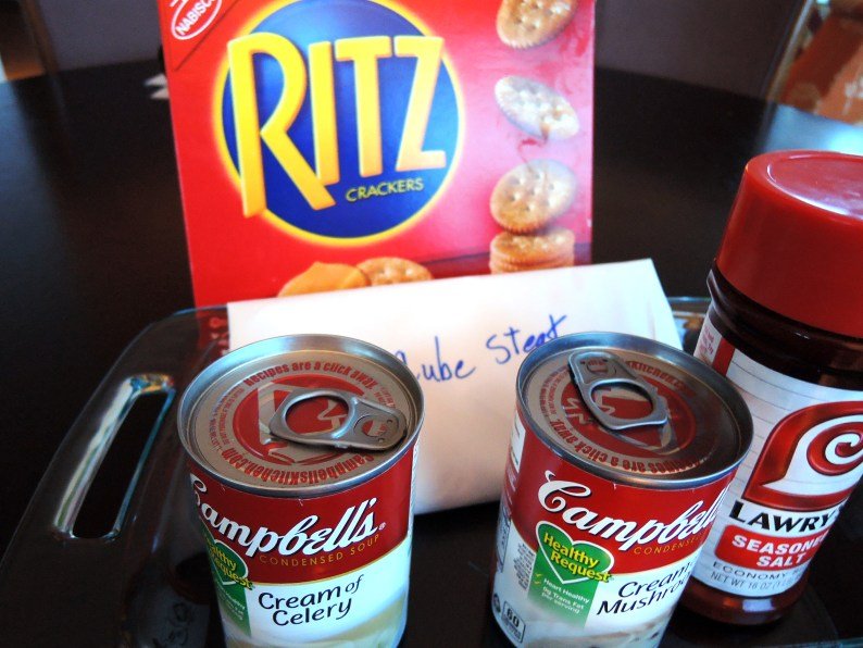 Classics from yesteryear still easily found today: Ritz crackers, Lowry salt, Campbell's soup and butcher's cut cube steak