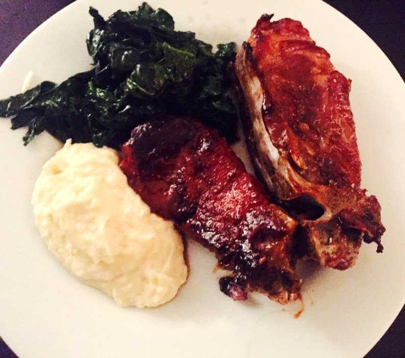 Slow roasted spice rubbed ribs served with a puree of celery root and potato and sauteed spinach